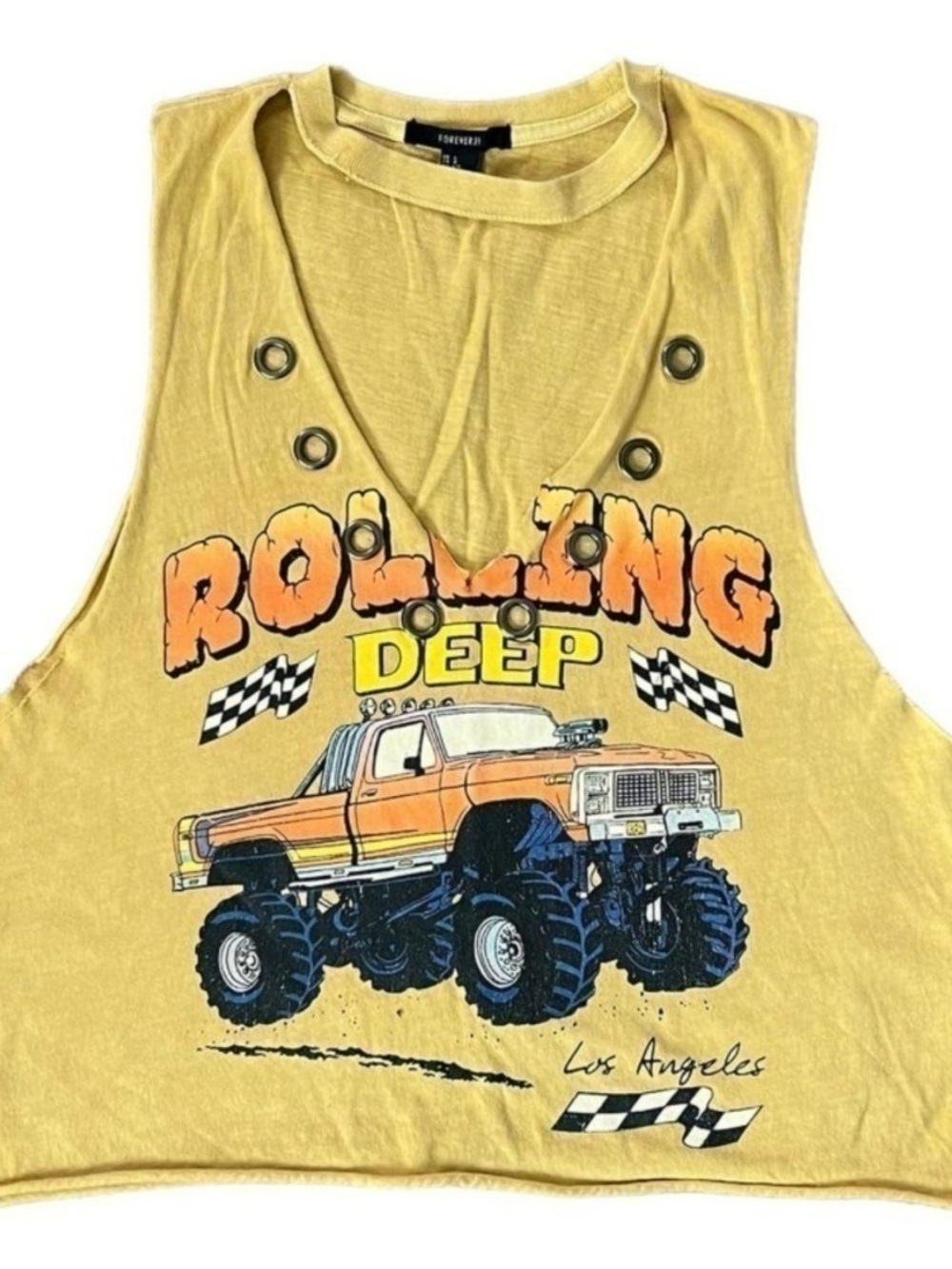 Forever 21 Yellow Monster Truck 'Rolling Deep' Eyelet Tank